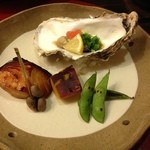 牡蠣、白身魚照焼き、薩摩芋、枝豆