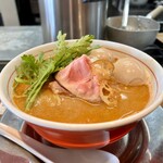 Noodle いたば - 『あん肝と酒粕の味噌RAMEN』 MEN大盛り  キムラファームの煮卵×2 