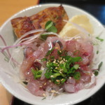 味処 むさし野 - 季節のご飯はねぎとあさりのさつま揚げ、大根の鹿児島漬け、鰺のたたき