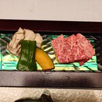 食べるお宿 浜の湯 - 肉料理 和牛鉄板焼き 舞茸、南瓜、ピーマン