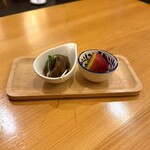 いざかや しん - お通しは向かって左が黒バイ貝、右がさつまいもです(o^^o)