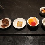 Ninshu Rou - Appetizers: Crispy Chicken Skin, Ginkgo and Daikon Cake, Sweet Vinegar Pickled Persimmon and Cherry Tomatoes, Yuba Rolls with Burdock, Garlic Chives, and Spinach