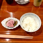 銀座 きた川 - 大根ごはん 朴葉味噌炭火焼きの鴨肉