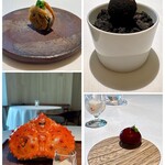 mærge - アミューズ　左上：荒間鷄　左下：鱈場蟹
      右上：鱈　右下：ブーダンノワール