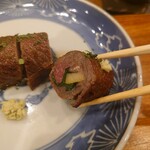 日本料理 五感 - 筍とクレソンの赤牛巻き