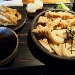 山元麺蔵 - 鶏ささみ天ざる＋ トッピング（土ごぼう天ぷら、揚げ餅）