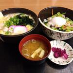 食事処　七福 - 豚肉と白菜のかき玉うどんと豚バラと小松菜の塩しょうが炒め丼