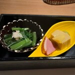 337347271 - ズワイガニと青菜のお浸し、鴨ロースハム、栗胡麻豆富、オリーブ漬け