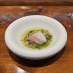 馳走西健一 - 赤むつ きのこ2種、貝出汁とサフラン、浜名湖海苔