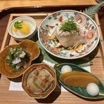 たきや - 八寸、せりと甘鯛のお浸し、フグ、あん肝、子持ち昆布、からすみなど