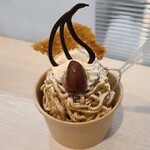 Dolce spazio Centonove - ①몽블랑 바닐라(세금 포함 770엔)  
                      컵 안에 시리얼과 머랭, 바닐라 아이스크림 위에 일본산 밤(구마모토현산) 몽블랑 크림, 일본산 밤(구마모토현산) 쓴 껍질 조림, 생크림, 캐러멜 튀일, 초콜릿이 올려져 있습니다.