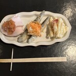 寄 - おつまみ3種盛り、マカロニサラダ、イワシ南蛮漬け、鶏ハム梅肉あえ