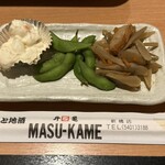 升亀 - 前菜3種ポテサラ、枝豆、きんぴら