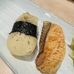 佐渡のすし 弁慶 イオン新潟青山店 - 炙りたいら貝　青唐辛子で握る、炙りサーモンハラス