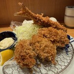 とんかつ 寿々木 - 特上リブロースかつ定食＋おつまみ牡蠣(3ヶ)＋あじフライ