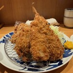 とんかつ 寿々木 - 特上リブロースかつ定食＋おつまみ牡蠣(3ヶ)＋あじフライ
