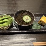 ENISHI - お通し　わさび枝豆・もずく・玉子焼き