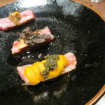 鳥茂 - サーロイン 薬味3種食べ較べ：雲丹キャビア、フォアグラの醤油漬け バルサミコ酢、アンチョビ