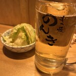 新小岩 もつ焼のんき - お通しあり。お代わり不可。ボールジョッキサイズ430円。氷なしだけどそこまで濃くないw