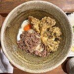 踊るうどん 梅田店 - 肉まいたけ天温玉ぶっかけ（冷）@アップ！
