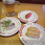 スシロー - 料理写真:アジ・生ビール・マグロ中トロ・真鯛漬け