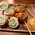 釜めし菜時記 さき亭 - つくね串 270円、九条ネギ豚巻き 380円