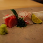 銀座 小十 - お造り 大間の本鮪 青森の鮃 長崎のアオリイカ 静岡の生海苔 2014.12.2x