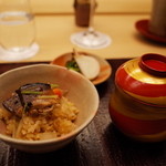 銀座 小十 - お食事 鰤ゴボウご飯 油揚げの味噌汁 香の物 2014.12.2x