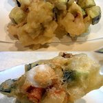 酒肴 和亭 - ８品目です。ばってん茄子と蛸と新玉葱のかき揚げです。先ほどのばってん茄子の甘味とタコの食感、玉葱の旨味が洪水のように襲ってきました。これはやられましたよ～。