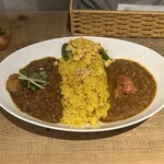レインボウスパイス カフェチャイストール - チキンマサラカリーとポークビンダルーのダブルカリーライス小盛り