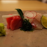 銀座 小十 - お造り 大間の本鮪 青森の鮃 長崎のアオリイカ 静岡の生海苔 2014.12.2x