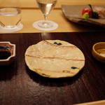 銀座 小十 - 鮃、アオリイカは一枚は山葵醤油で一枚は酢橘に塩で 2014.12.2x