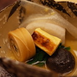 銀座 小十 - 炊き合わせ 蕪の蓋 湯葉 穴子の干瓢巻き 海老芋 ほうれん草 椎茸 2014.12.2x