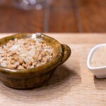 HAGI - 2026.1 川俣シャモ御飯（酒米の亀の尾を薪で炊いて、川俣シャモの挽き肉を乗せ、シャモ出汁で伸ばした天然自然薯とろろ添え）