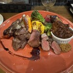 スペイン料理の店 Amunt - ジビエグリル盛り合わせ(鴨手羽先、蝦夷鹿肩ロース、本州鹿ロース、イノシシロース、イノシシ煮込み)