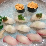 すし処にしの - カンパチ、ヒラメ(ポン酢ジュレとわさび一貫ずつ)ウニ