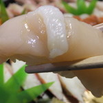 札幌市場めし　まるさん亭 - おかませ握り　５人前　１２５００円の帆立のアップ　【　２０１４年１２月　】