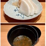 鮨 つぼみ - ガリとたくあん
      ここのたくあんが大好きで、何回もお代わりいただきました♪
      お味噌汁