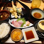 旬和席 うおまん - お造りと天婦羅、近江牛のすき焼き御膳①　3,900円