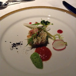 ぬーじ - 2) 蟹と帆立、九条葱のブランダード風フランボワーズのヴィネグレソース