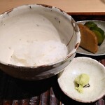 ぬま田 - ご飯(岡山県のあいがも農家)、漬物(いぶりがっこ、きゅうり)