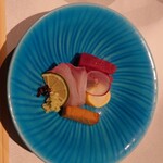 隠れ房 品川 四阿 - お刺身　茶色のが醤油のムース