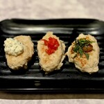 生つくねと秘伝しゃぶしゃぶ 田 - ふわふわ白い生つくねの3種盛り たるたる・紅生姜・梅肉大葉