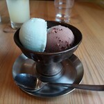 カラダよろこぶカフェ poca poca - ジェラート２種盛り(塩、フルーツカカオ)￥520。塩、ほんのり後味に塩気。シャーベットに近い食感。カカオ、甘すぎずさっぱり。中に柑橘系の果肉を感じた。