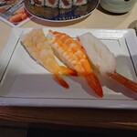 あみもとの里 かがしま - ●海老三昧（3種盛り）　528 円
生と茹で、もう1貫は半生？種類が違うのかな？

これにもサビが超盛りで入っていて
ワサビをシッカリと堪能する事になった（笑）