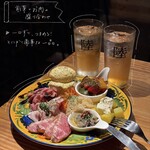 YELLOW PIZZA - 料理写真:彩り豊かな前菜6品と、低温調理でじっくり仕上げた3種のお肉を盛り合わせた一皿。
一品一品丁寧に仕込み、食感や味わいの違いを楽しめます。
まずはこれで、ビールやワインと一緒にお楽しみください。
