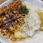 スープカレー よつば - ライスアップ。炙りチーズ、フライドオニオンをトッピング。