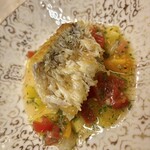 Le Jardin de Kamo - 福井県産甘鯛の鱗焼き　ひよこ豆とムール貝
            　トマトとシトラスのヴィエルジュソース