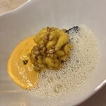 Le Jardin de Kamo - スペルト小麦とイカスミのリゾット　白子リテー
            　赤パプリカのアイヨリ　シャンパンリース