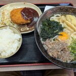 人力うどん - メンチカツ スタミナうどん セット　1330円